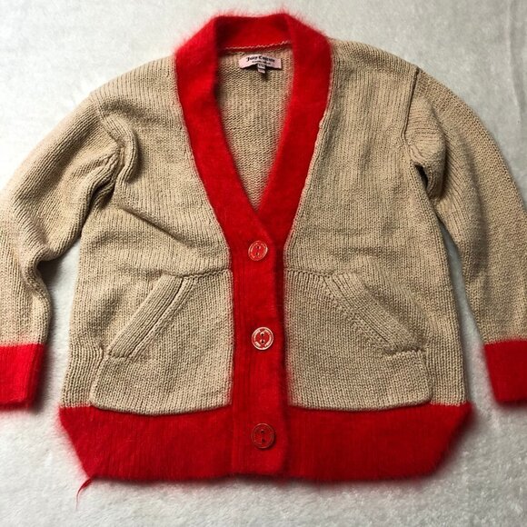 Juicy Couture Angora Trim Knit Beige/Red Cardigan Y2K Size Sm/Md - Picture 3 of 10